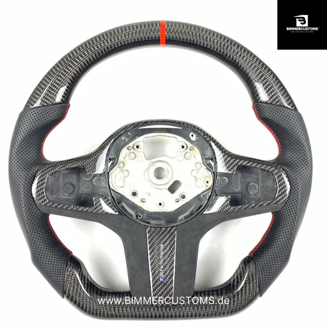 LEDER CARBON LENKRAD RED LINE PASSEND FÜR BMW 1er 2er 3er 4er 5er F40 G20 G21 G30 M3 M4 M5 G80 G82 F90