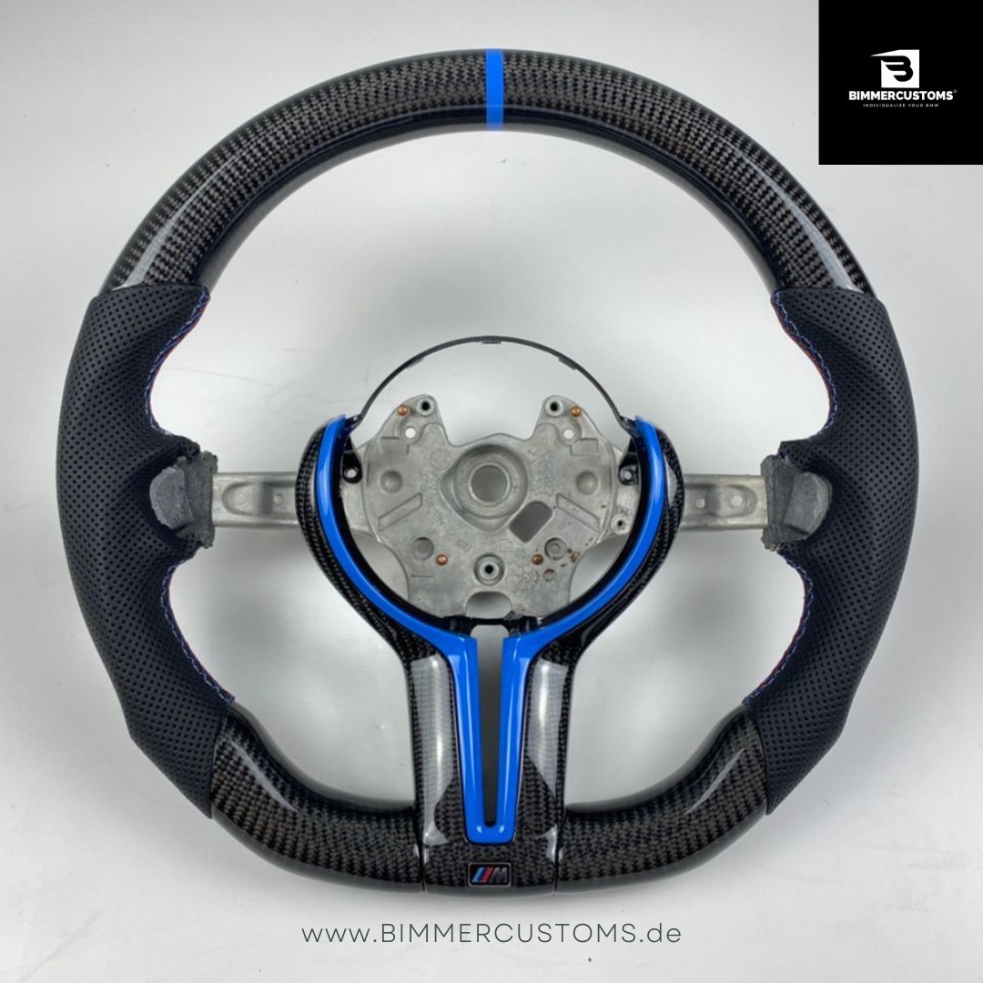 LEDER CARBON LENKRAD BLUE LINE PASSEND FÜR BMW M2 F87 M3 F80 M4 F82 F83 F20 F21 F22 F23 F30 F31 F32 F33 F36 F10 F06 F13 Competition