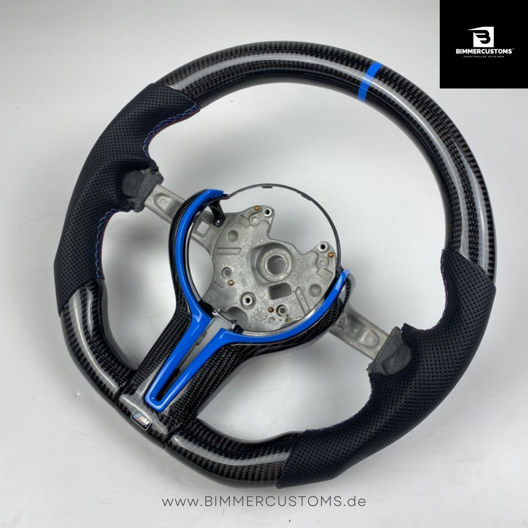 LEDER CARBON LENKRAD BLUE LINE PASSEND FÜR BMW M2 F87 M3 F80 M4 F82 F83 F20 F21 F22 F23 F30 F31 F32 F33 F36 F10 F06 F13 Competition